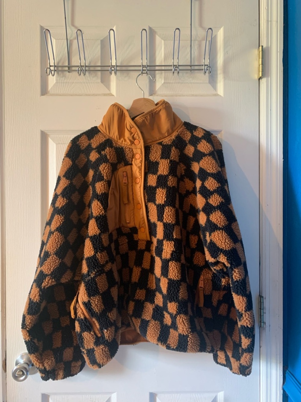 Free People Checkerboard Sherpa Pullover in Black & Camel